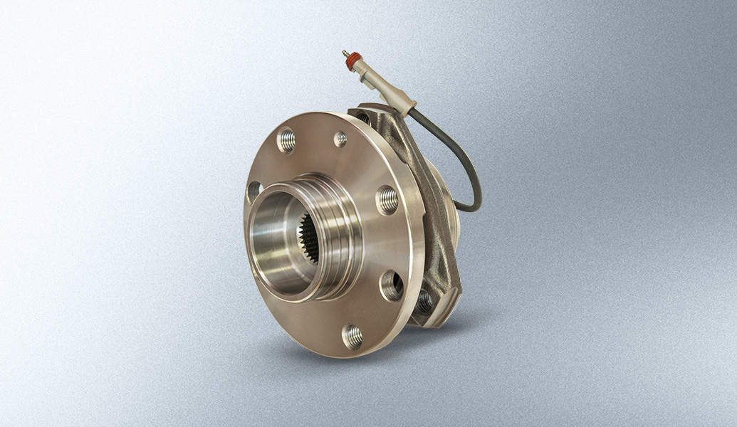 This is an image of a wheel bearing hub assembly for a vehicle, featuring a flange, mounting bolts, and an electrical connector for ABS, on a grey background.