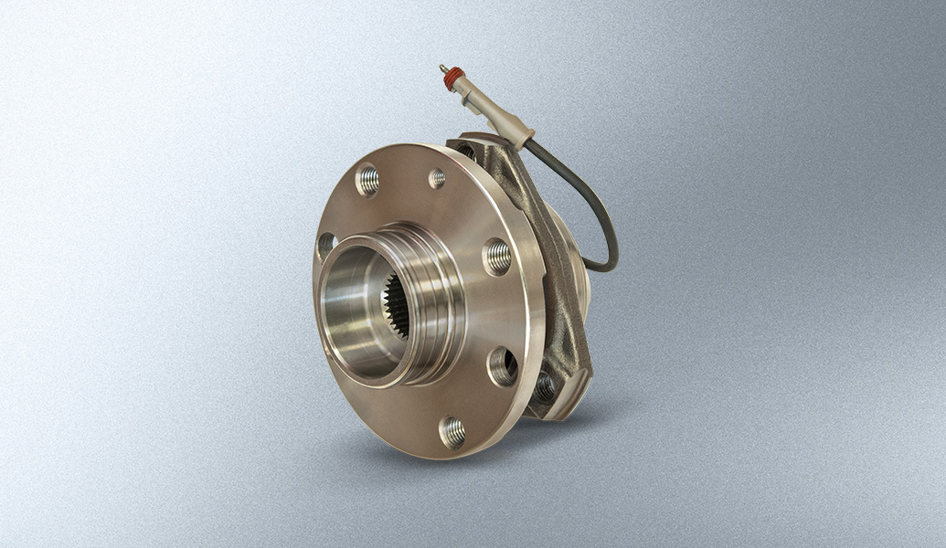 This image shows a new automotive wheel bearing hub assembly with a silver finish and an attached sensor against a grey background.