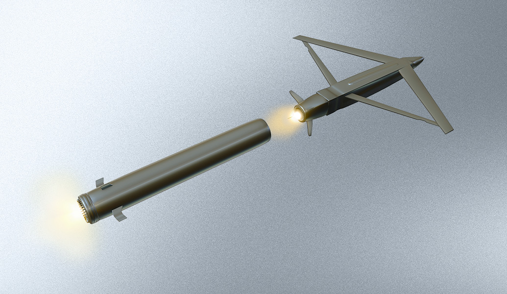 This is a 3D rendering of a crossbow bolt with a rocket propelling it mid-flight against a grey background, illustrating a concept or an unconventional weapon.