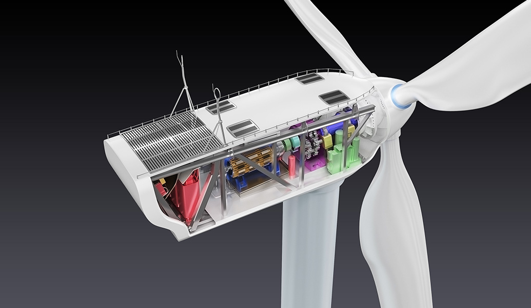 This is a cross-sectional illustration of a wind turbine nacelle showcasing its internal components, including the gearbox, generator, and control systems against a neutral background.