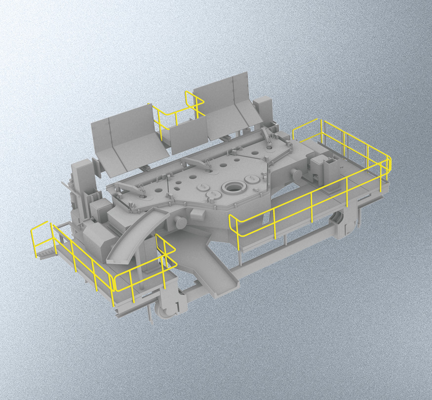 This image shows a 3D model of a complex industrial machine base with highlighted yellow safety railings around various segments on a gray background.